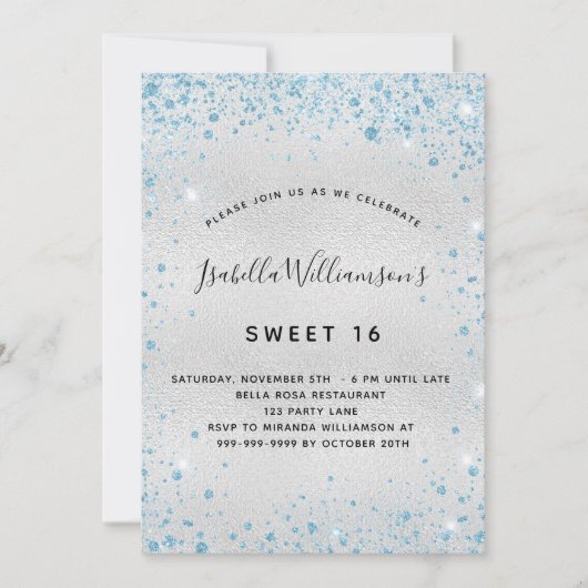 Sweet 16 zilveren lichtblauwe glitter kaart (Voorkant)