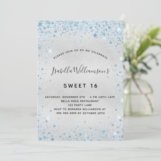 Sweet 16 zilveren lichtblauwe glitter kaart (Staand voorkant)