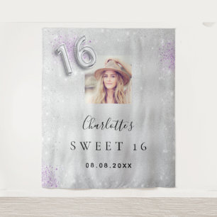 Sweet 16 zilveren paarse foto glitter stof welkom wandkleed