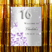Sweet 16 zilveren paarse glitterjurk welkom poster