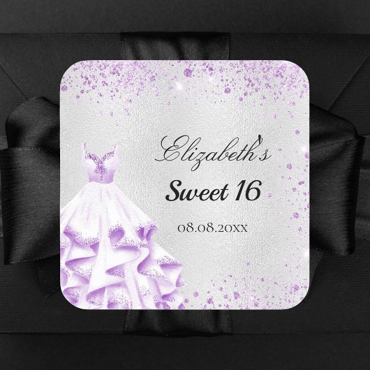 Sweet 16 zilveren paarse glitterkleding vierkante sticker