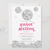 Sweet 16 Zilveren Retro Disco PINK Glitter Kaart (Voorkant)