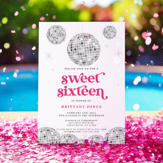 Sweet 16 Zilveren Retro Disco PINK Glitter Kaart