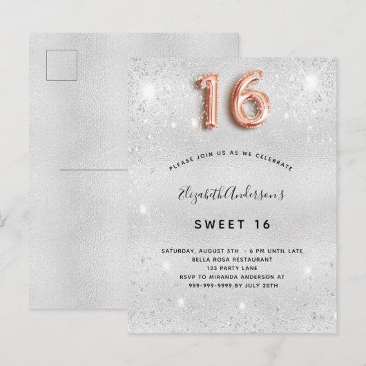 Sweet 16 zilveren roos gouden glitter uitnodiging briefkaart (Voorkant / Achterkant)