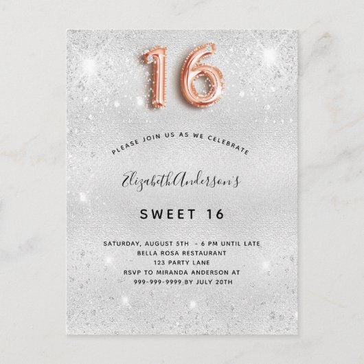 Sweet 16 zilveren roos gouden glitter uitnodiging briefkaart (Voorkant)