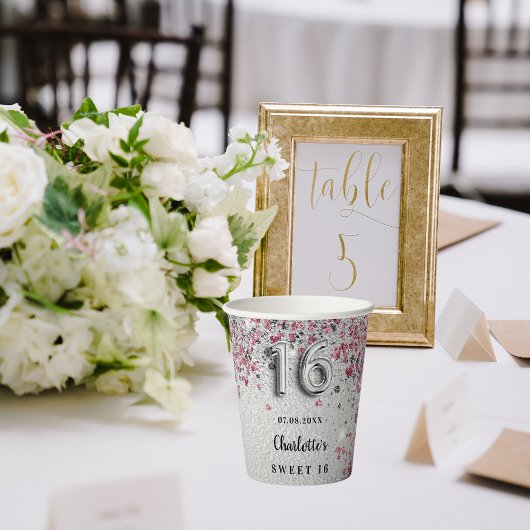 Sweet 16 zilveren roze glitter sparkles naam party papieren bekers