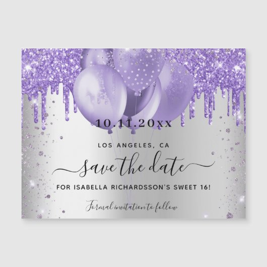 'Sweet 16' zilveren viooltje save the date magneet Magnetische Uitnodiging (Voorkant)