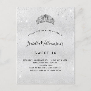 Sweet 16 zilverglitter tiara uitnodiging briefkaart