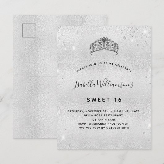 Sweet 16 zilverglitter tiara uitnodiging briefkaart (Voorkant / Achterkant)