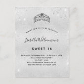 Sweet 16 zilverglitter tiara uitnodiging briefkaart (Voorkant)