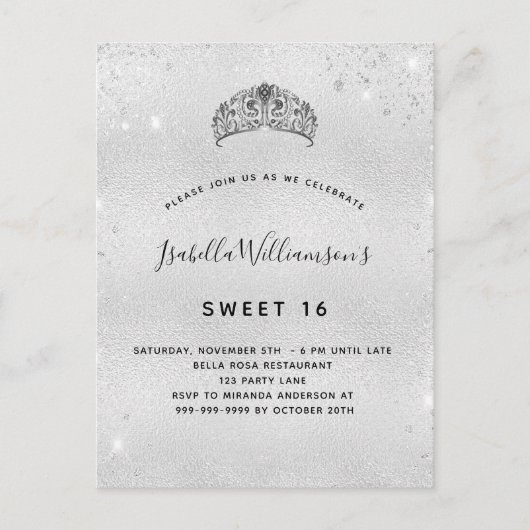 Sweet 16 zilverglitter tiara uitnodiging briefkaart (Voorkant)