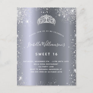 Sweet 16 zilverglitter tiara uitnodiging briefkaart