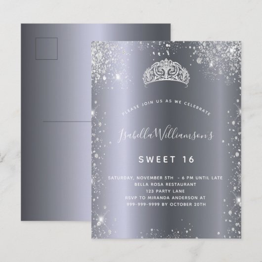Sweet 16 zilverglitter tiara uitnodiging briefkaart (Voorkant / Achterkant)