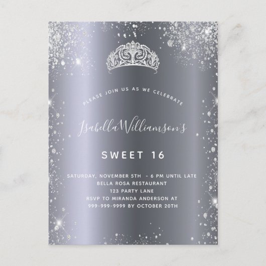 Sweet 16 zilverglitter tiara uitnodiging briefkaart (Voorkant)