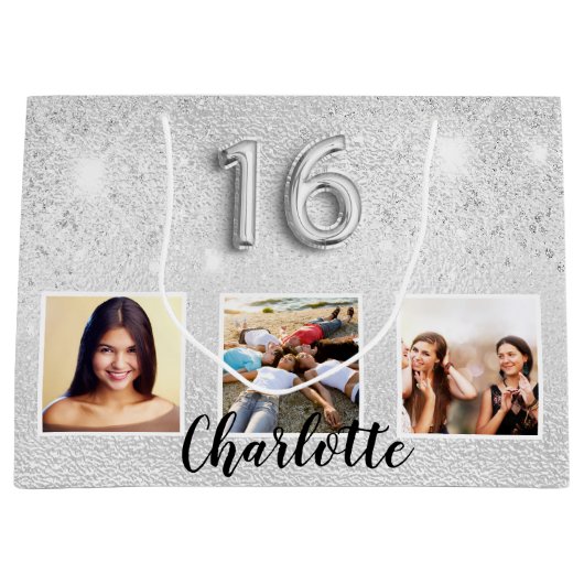 Sweet 16 zilverglitterfotomonogram groot cadeauzakje (Voorkant)