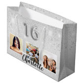 Sweet 16 zilverglitterfotomonogram groot cadeauzakje (Voorkant Gekanteld)
