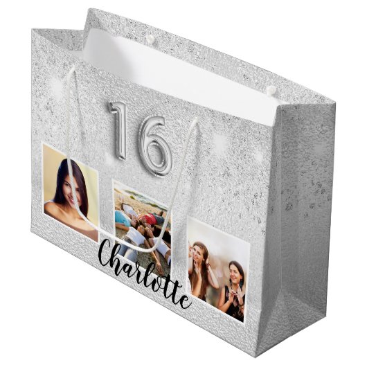 Sweet 16 zilverglitterfotomonogram groot cadeauzakje (Voorkant Gekanteld)