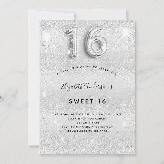 Sweet 16 zilverglitterglamoureus kaart (Voorkant)