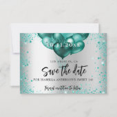 Sweet 16 zilvergroene blauwgroen glitterballonnen save the date (Voorkant)