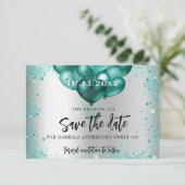 Sweet 16 zilvergroene blauwgroen glitterballonnen save the date (Staand voorkant)