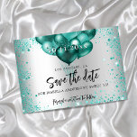 Sweet 16 zilvergroene blauwgroen glitterballonnen save the date<br><div class="desc">Een meisje en trendy Save the Date for a Sweet 16, 16th verjaardagsfeestje. Een faux zilveren achtergrond met een blauwgroen, groene faux glitter, sparkles en ballonnen. Pas een datum en een naam/leeftijd aan en voeg deze toe. De tekst: Sparen de Datum wordt geschreven met een groot trendy hand lettered stijlmanuscript....</div>