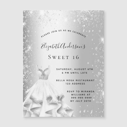 Sweet 16 zilverjurk luxe uitnodiging magnetische uitnodiging (Voorkant)
