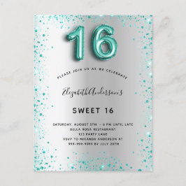 Sweet 16 zilverkleurige blauwgroen glitterelegante briefkaart