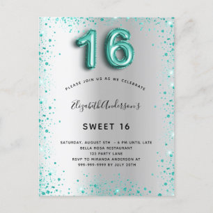 Sweet 16 zilverkleurige blauwgroen glitterelegante briefkaart