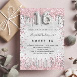 Sweet 16 zilverroze glitter druppelt glamoureus kaart<br><div class="desc">Een moderne,  stijlvolle en glamoureuze uitnodiging voor het Sweet 16,  16e verjaardagsfeest van een meisje. Een faux zilverachtige achtergrond,  versierd met roze en faux zilveren glitterstof. Personaliseer en voeg jouw naam en partijdetails toe. Nummer 16 wordt geschreven met een ballonstijllettertype,  script.</div>