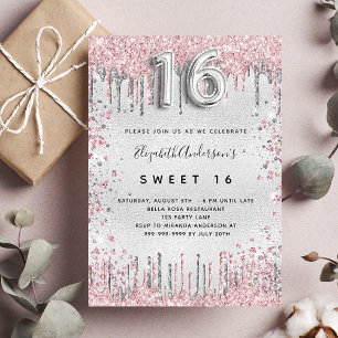 Sweet 16 zilverroze glitter druppelt luxe kaart