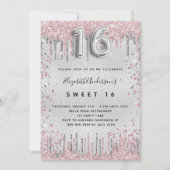 Sweet 16 zilverroze glitter druppelt luxe kaart (Voorkant)
