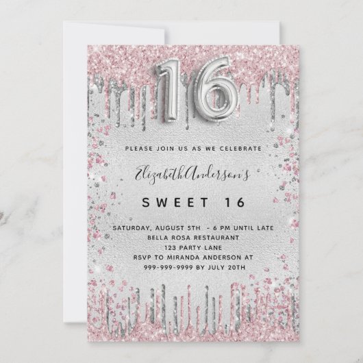 Sweet 16 zilverroze glitter druppelt luxe kaart (Voorkant)