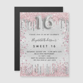 Sweet 16 zilverroze glitter druppelt luxe magnetische uitnodiging (Voorkant / Achterkant)