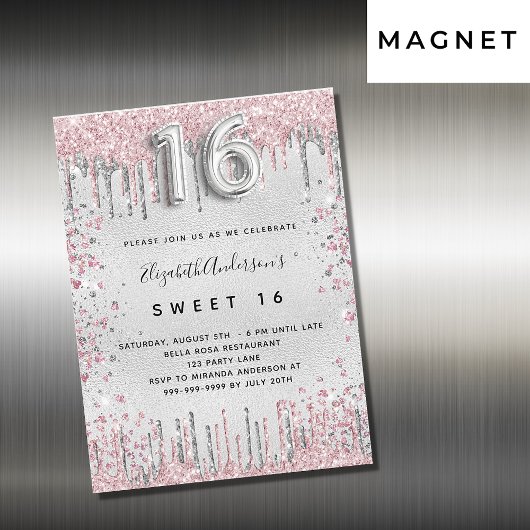 Sweet 16 zilverroze glitter druppelt luxe magnetische uitnodiging