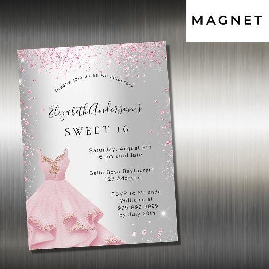Sweet 16 zilverroze jurk glitter luxe magnetische uitnodiging