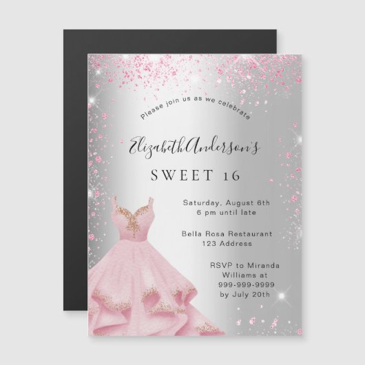 Sweet 16 zilverroze jurk glitter luxe magnetische uitnodiging (Voorkant / Achterkant)