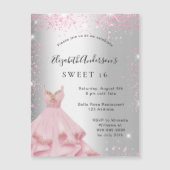 Sweet 16 zilverroze jurk glitter luxe magnetische uitnodiging (Voorkant)