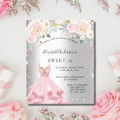 Sweet 16 zilverroze jurk, uitnodiging voor het gli flyer