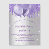 Sweet 16 zilverviolette ballonnen luxe magnetische uitnodiging (Voorkant)