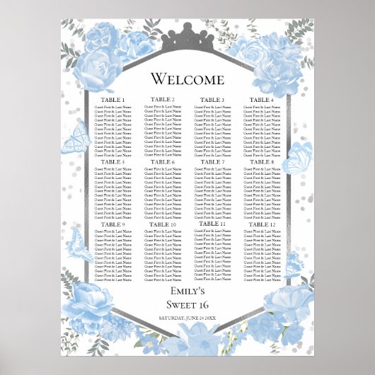 Sweet 16 Zitkaart Teken Stoffig Blauwe Vlinders Poster (Voorkant)