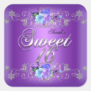 Sweet 16 zoete zestien witte paarse bloemen vierkante sticker
