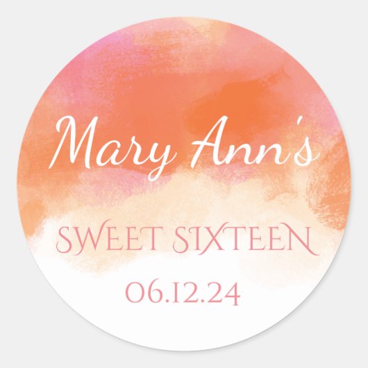 Sweet 16 Zomer Blush Roze Koraal Waterverf Ronde Sticker (Voorkant)