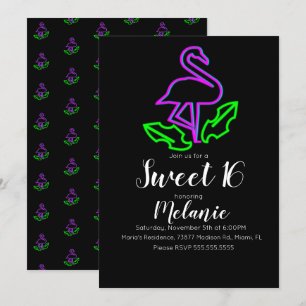 Sweet 16 Zomer Neon Tropische Flamingo Glow Feest Kaart