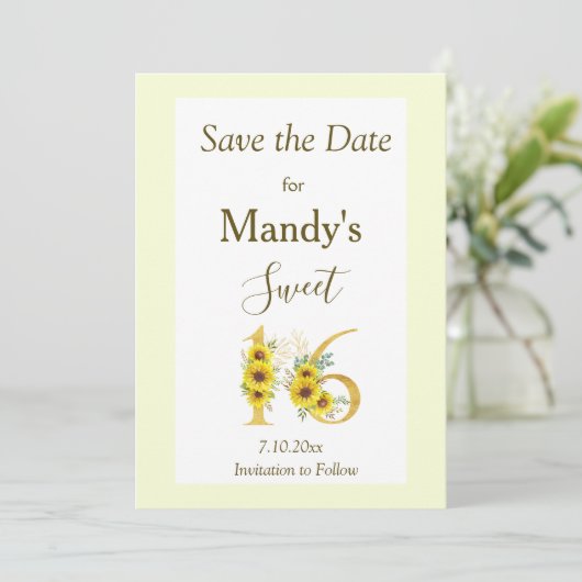 Sweet 16 Zonnebloem Verjaardag Save The Date (Staand voorkant)