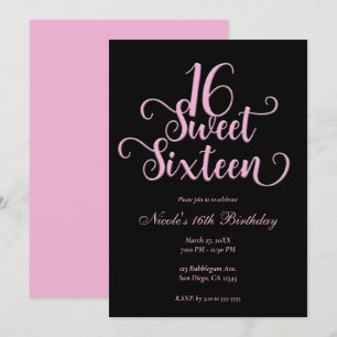 Sweet 16 zwart & bubblegum roze verjaardagsfeestje kaart