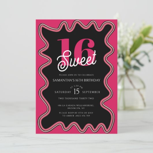 Sweet 16 Zwart en Roze Retro Wavy Zestiende Kaart (Staand voorkant)