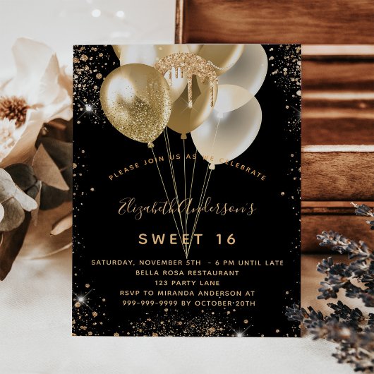 Sweet 16 zwart goud glitter ballonnen uitnodiging
