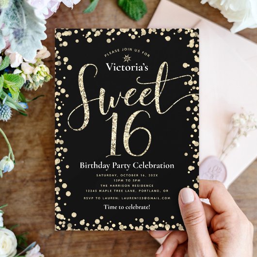 Sweet 16 Zwart Goud Glitter Chic Girly Verjaardag Kaart