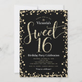 Sweet 16 Zwart Goud Glitter Chic Girly Verjaardag Kaart (Voorkant)