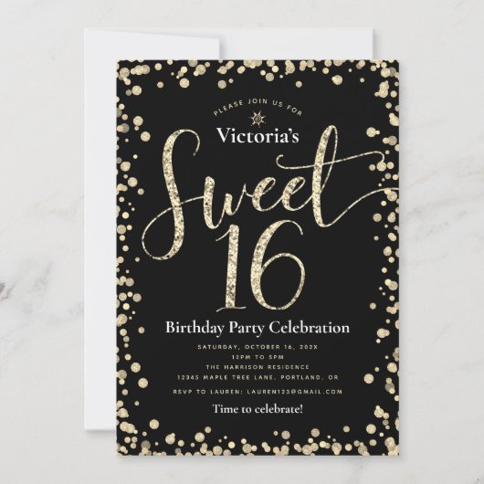 Sweet 16 Zwart Goud Glitter Chic Girly Verjaardag Kaart (Voorkant)